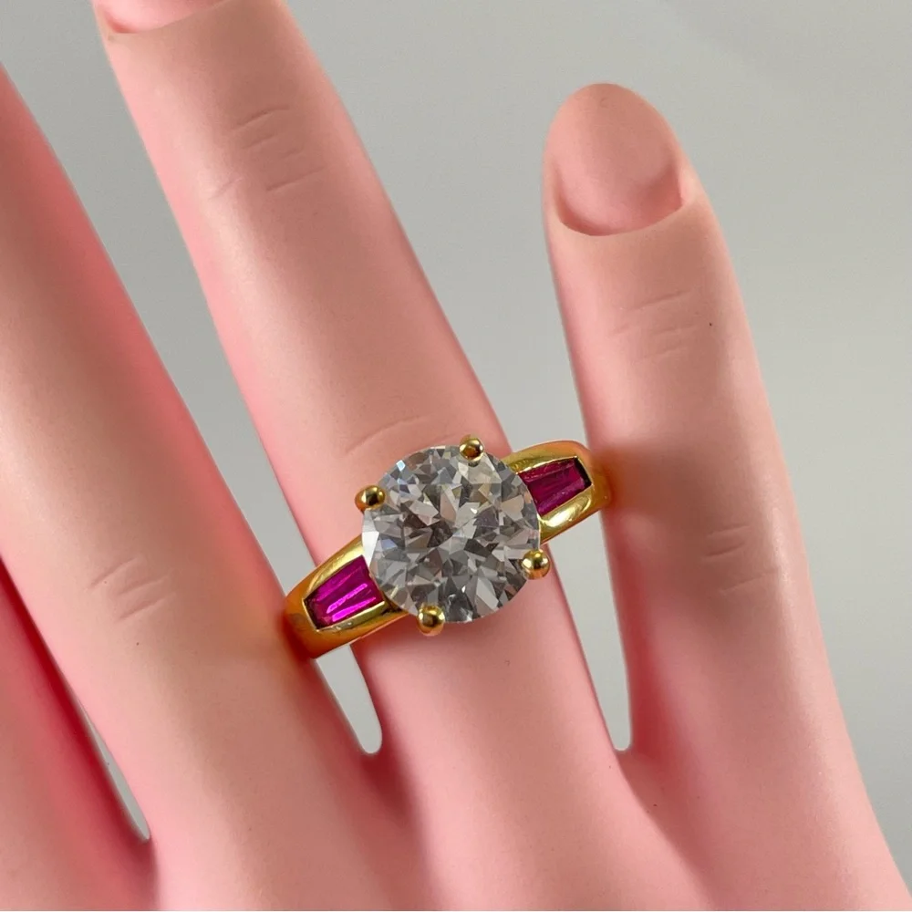 Stunning Red Ruby White Round Cut CZ Gold Plated Ring Bling Statement Sz 9